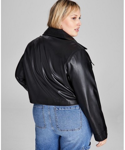 Trendy Plus Size Cropped Faux-Leather Shacket Black $18.87 Jackets