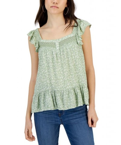 Juniors' Floral-Print Flutter-Sleeve Top Green $10.75 Tops