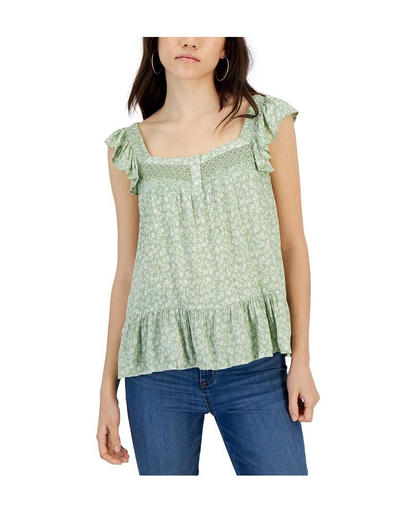 Juniors' Floral-Print Flutter-Sleeve Top Green $10.75 Tops