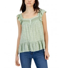 Juniors' Floral-Print Flutter-Sleeve Top Green $10.75 Tops