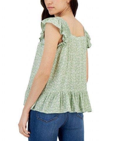 Juniors' Floral-Print Flutter-Sleeve Top Green $10.75 Tops