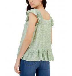 Juniors' Floral-Print Flutter-Sleeve Top Green $10.75 Tops