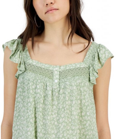 Juniors' Floral-Print Flutter-Sleeve Top Green $10.75 Tops