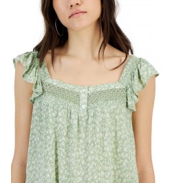 Juniors' Floral-Print Flutter-Sleeve Top Green $10.75 Tops