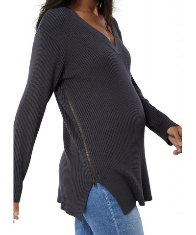 Women's Maternity Side Zip Nursing Sweater Gray $46.44 Sweaters