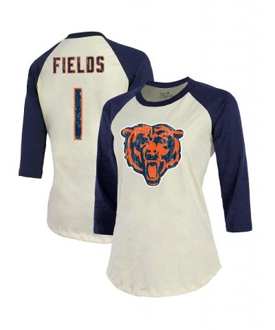 Women's Branded Justin Fields Cream Navy Chicago Bears Player Name and Number Raglan 3/4-Sleeve T-shirt White $32.39 Tops