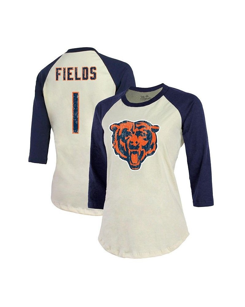 Women's Branded Justin Fields Cream Navy Chicago Bears Player Name and Number Raglan 3/4-Sleeve T-shirt White $32.39 Tops