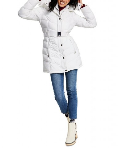 Women's Belted Faux-Fur-Trim Hooded Puffer Coat White $82.80 Coats