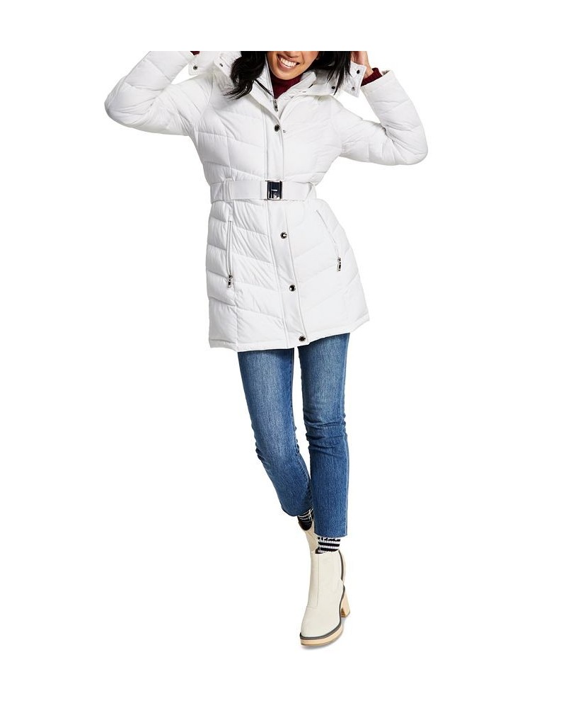 Women's Belted Faux-Fur-Trim Hooded Puffer Coat White $82.80 Coats