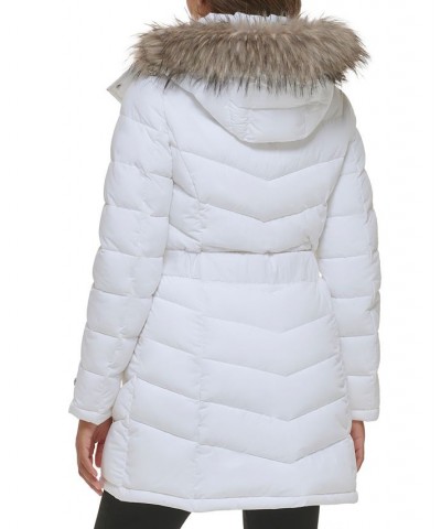 Women's Belted Faux-Fur-Trim Hooded Puffer Coat White $82.80 Coats