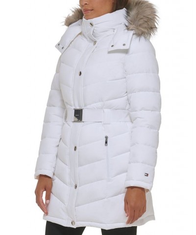 Women's Belted Faux-Fur-Trim Hooded Puffer Coat White $82.80 Coats