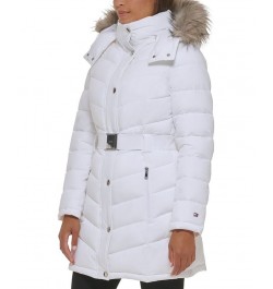 Women's Belted Faux-Fur-Trim Hooded Puffer Coat White $82.80 Coats