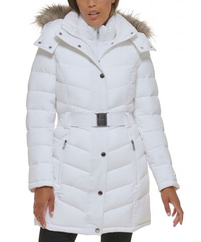 Women's Belted Faux-Fur-Trim Hooded Puffer Coat White $82.80 Coats