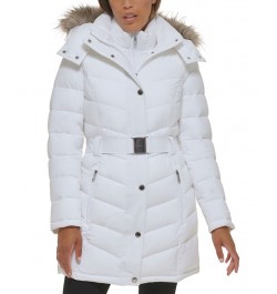 Women's Belted Faux-Fur-Trim Hooded Puffer Coat White $82.80 Coats