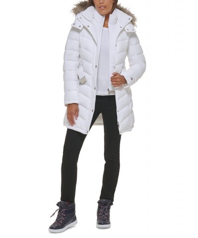 Women's Belted Faux-Fur-Trim Hooded Puffer Coat White $82.80 Coats