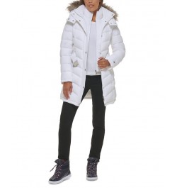 Women's Belted Faux-Fur-Trim Hooded Puffer Coat White $82.80 Coats