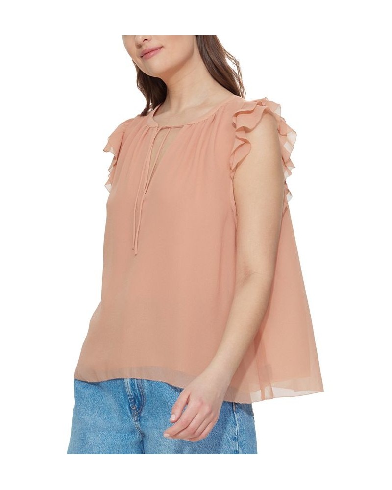 Women's Ruffled-Trim Keyhole Chiffon Top Orange $16.25 Tops