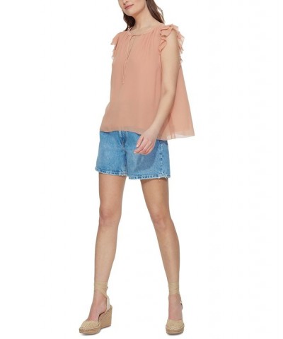 Women's Ruffled-Trim Keyhole Chiffon Top Orange $16.25 Tops