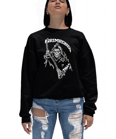 Women's Grim Reaper Word Art Crew Neck Sweatshirt Black $20.50 Tops
