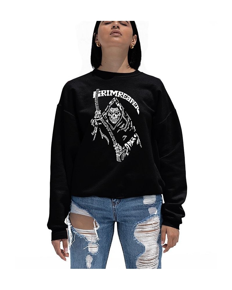 Women's Grim Reaper Word Art Crew Neck Sweatshirt Black $20.50 Tops