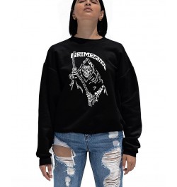 Women's Grim Reaper Word Art Crew Neck Sweatshirt Black $20.50 Tops