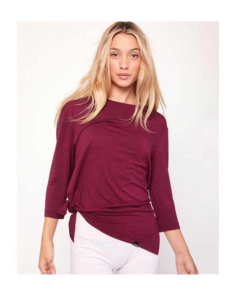 Anen Side Tie 3/4 Sleeve Top for Women Red wine $31.96 Tops