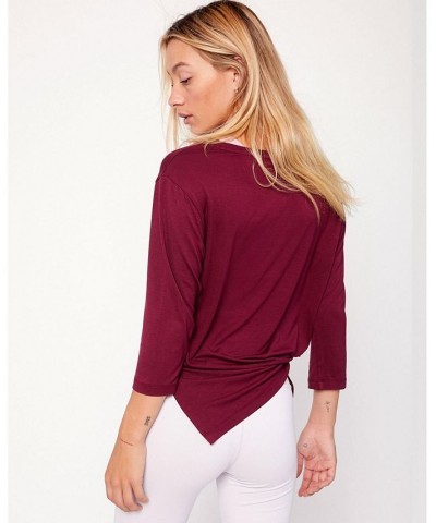 Anen Side Tie 3/4 Sleeve Top for Women Red wine $31.96 Tops