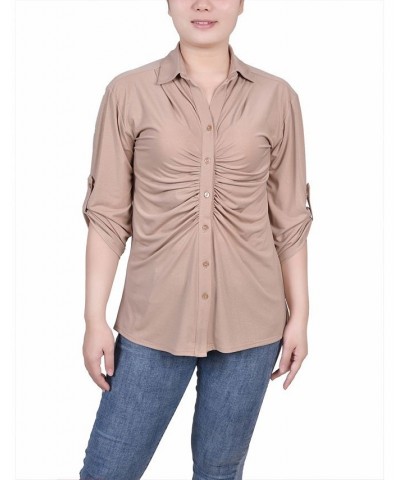 Petite 3/4 Roll Tab Rouched-Front Top Brown $14.18 Tops