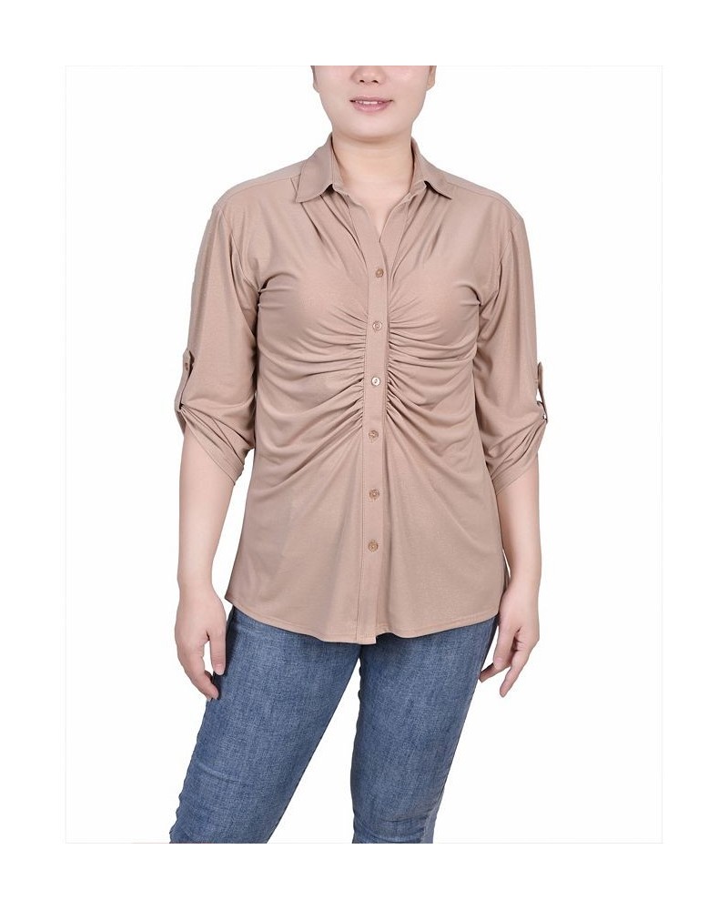 Petite 3/4 Roll Tab Rouched-Front Top Brown $14.18 Tops