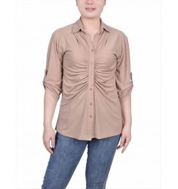 Petite 3/4 Roll Tab Rouched-Front Top Brown $14.18 Tops