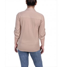 Petite 3/4 Roll Tab Rouched-Front Top Brown $14.18 Tops