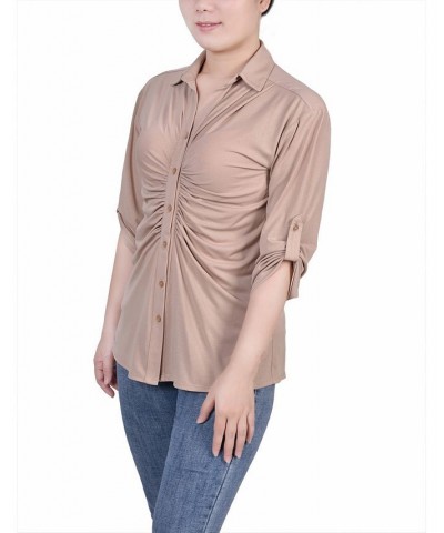 Petite 3/4 Roll Tab Rouched-Front Top Brown $14.18 Tops