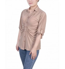 Petite 3/4 Roll Tab Rouched-Front Top Brown $14.18 Tops