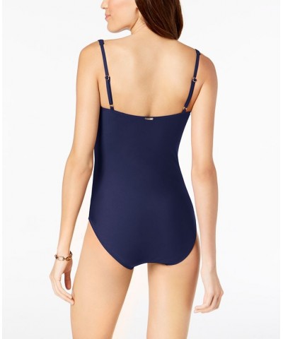 Pleated One-Piece Swimsuit Blue $44.99 Swimsuits