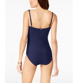 Pleated One-Piece Swimsuit Blue $44.99 Swimsuits