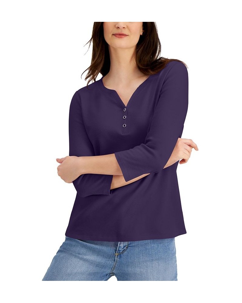 Cotton Henley V-Neck Top Purple $10.39 Tops