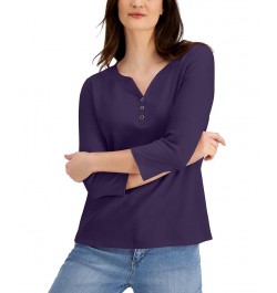 Cotton Henley V-Neck Top Purple $10.39 Tops