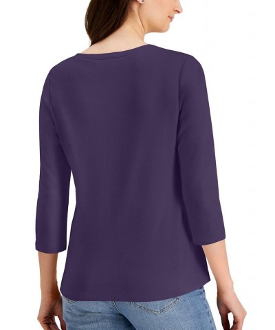 Cotton Henley V-Neck Top Purple $10.39 Tops