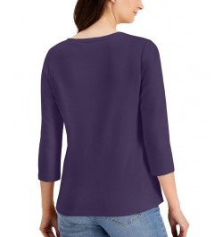 Cotton Henley V-Neck Top Purple $10.39 Tops