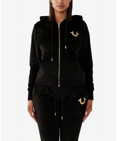 Women's Velour Buddha Zip Hoodie Black $43.96 Tops