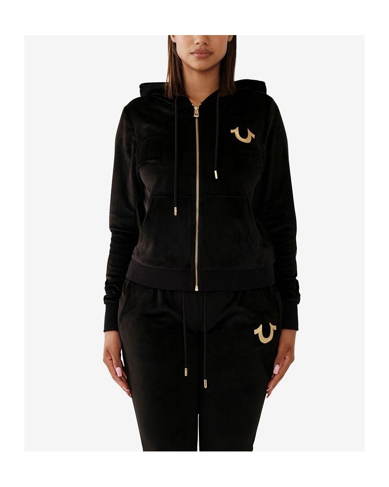 Women's Velour Buddha Zip Hoodie Black $43.96 Tops