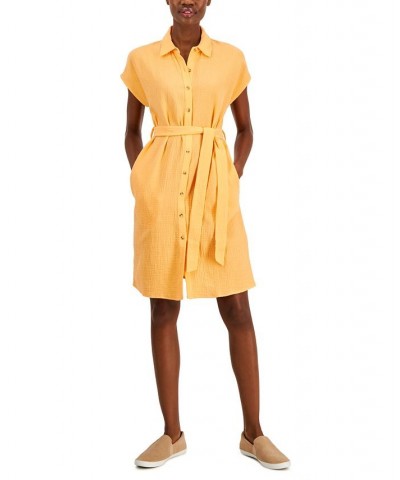 Women's Cotton Crinkle Gauze Shirtdress Orange $20.13 Dresses