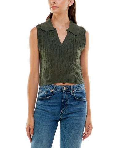 Juniors' Textured Polo-Collar V-neck Sweater Vest Green $10.35 Sweaters