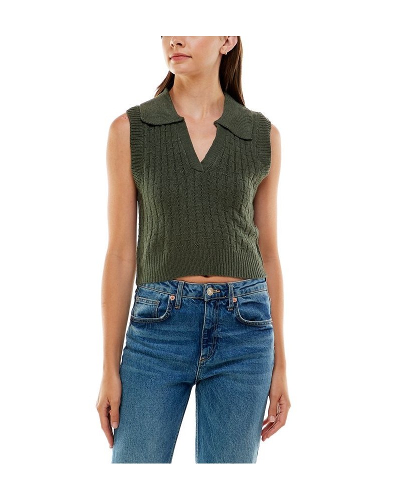 Juniors' Textured Polo-Collar V-neck Sweater Vest Green $10.35 Sweaters