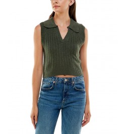 Juniors' Textured Polo-Collar V-neck Sweater Vest Green $10.35 Sweaters