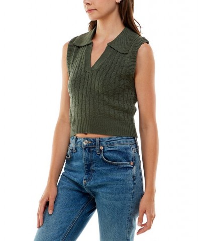 Juniors' Textured Polo-Collar V-neck Sweater Vest Green $10.35 Sweaters