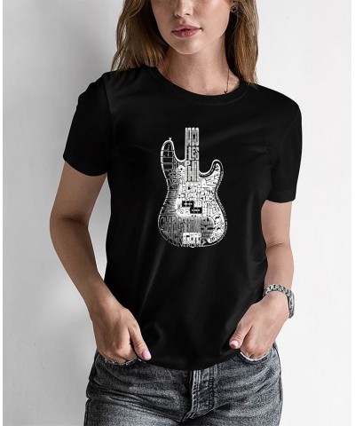 Women's Word Art Bass Guitar T-shirt Black $20.99 Tops