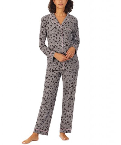 Women's Ultra-Soft Printed Notch-Collar Pajama Set Gray $25.37 Sleepwear