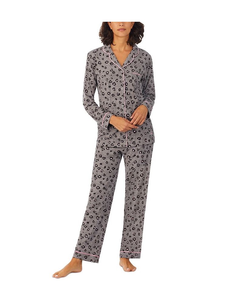 Women's Ultra-Soft Printed Notch-Collar Pajama Set Gray $25.37 Sleepwear