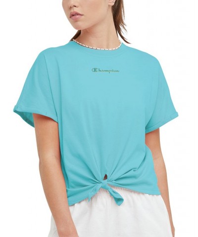 Women's Tie-Front Logo-Print T-Shirt Light Sky Blue $18.00 Tops